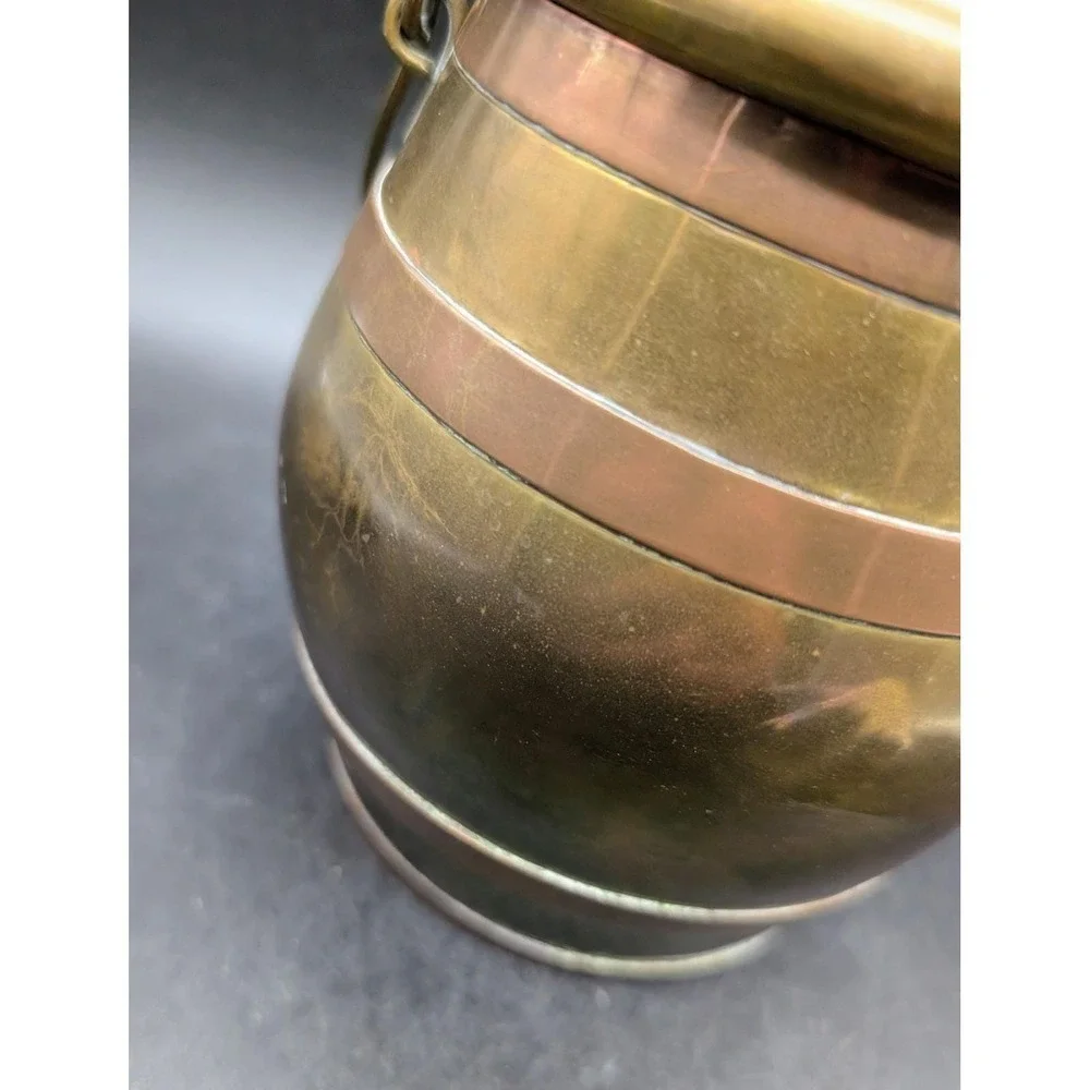 Vintage Brass and Copper Barrel Canister with Bail Handle and Lid Mixed Metal 8